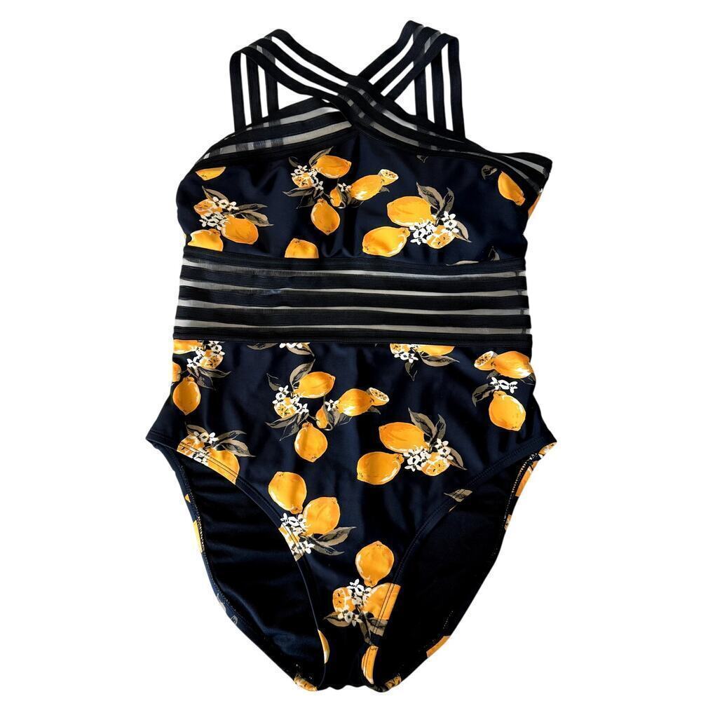 Black and Orange Tangerine One-Piece Bathing Suit Swim Women Size Medium 8-10 - Picture 2 of 4
